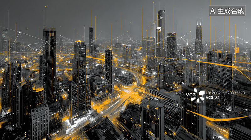 【AI数字艺术】智能城市夜景与网络连接图片素材