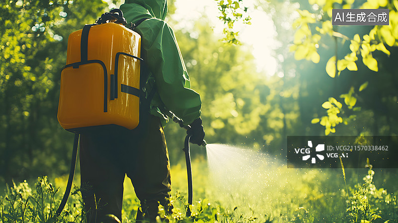 【AI数字艺术】AIGC：穿着防护服的农民在手动喷洒农药图片素材