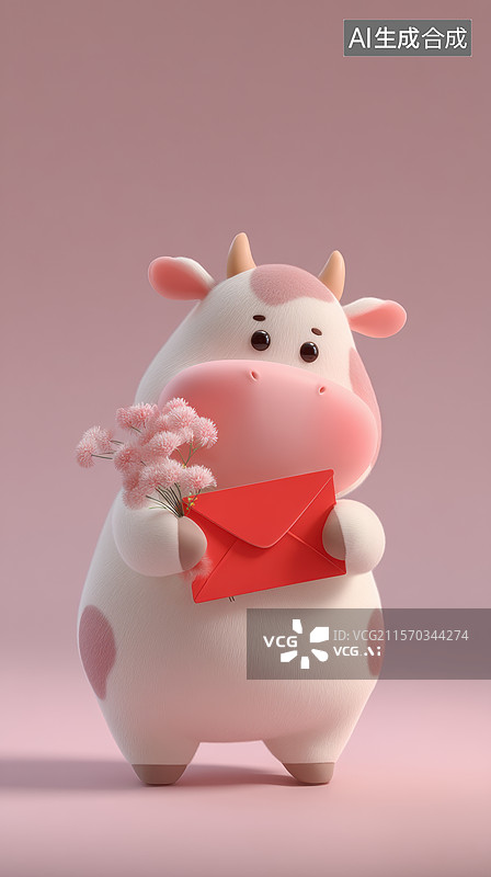 【AI数字艺术】卡通奶牛手持信封和花朵图片素材