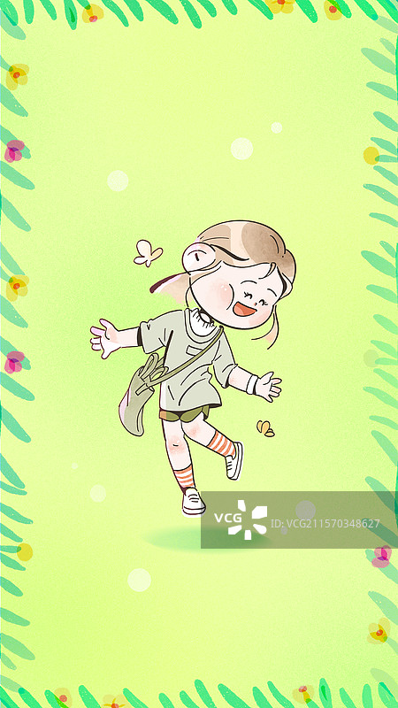 可爱卡通绿色开心女孩手机壁纸插画模板图片素材