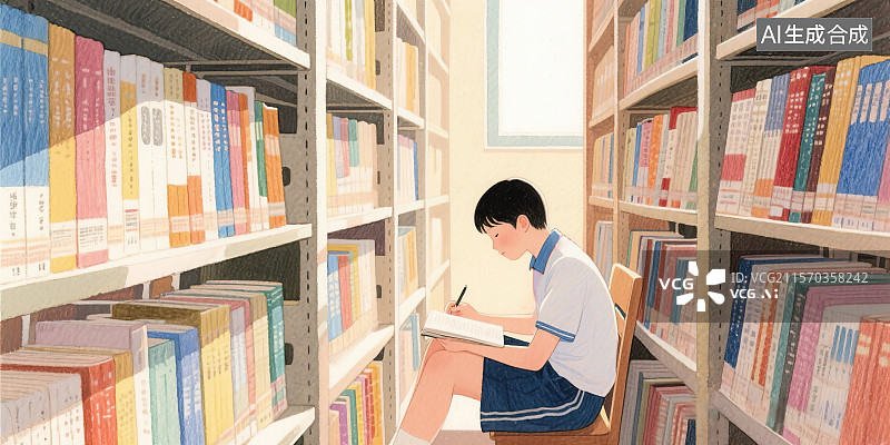 【AI数字艺术】世界读书日男学生坐在图书馆走廊书架过道读书学习记笔记场景手绘彩铅风格清新唯美写实校园青春青年文学配图图片素材