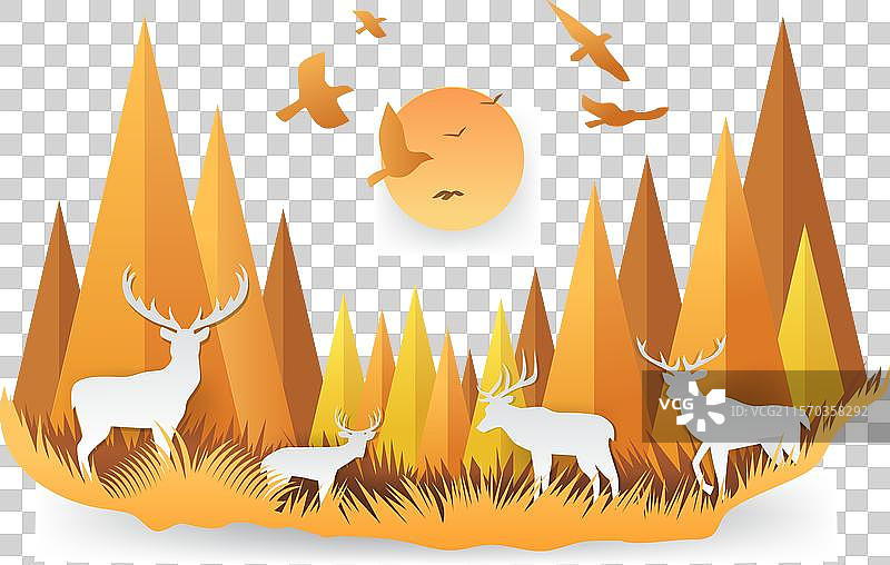 秋季森林中有鹿的山景与阳光图片素材