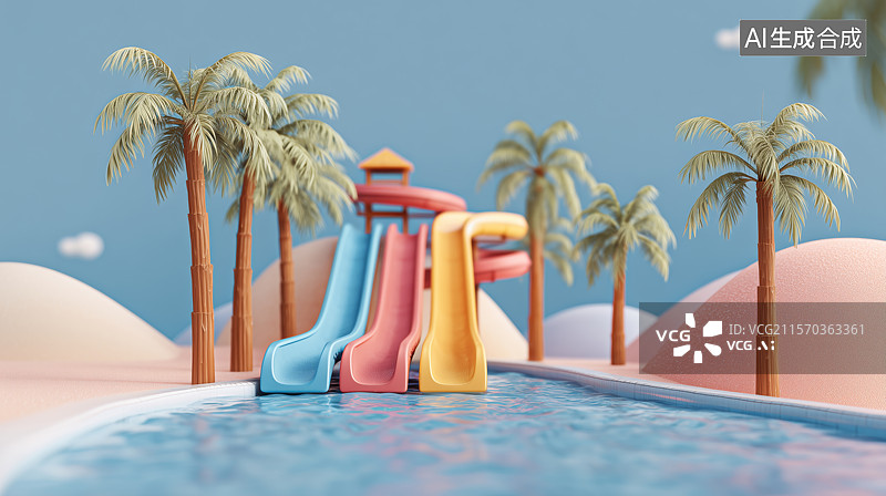 【AI数字艺术】热带泳池与彩色滑梯图片素材