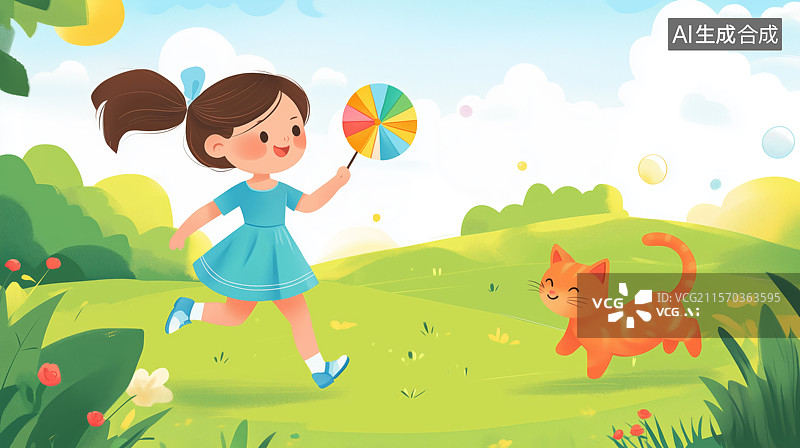 【AI数字艺术】小女孩手持风车与小猫在草地上嬉戏图片素材