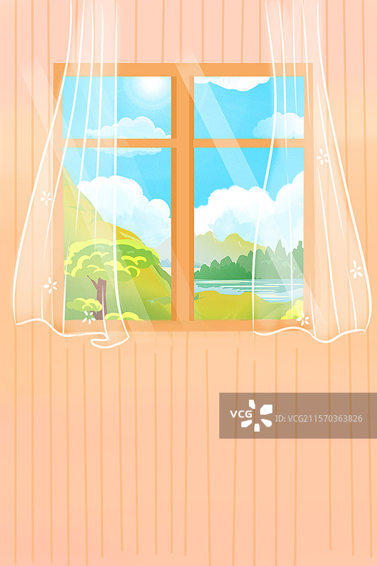 手绘治愈系风格插画 室内的窗户 温暖的阳光照进飘窗 窗外的风景 竖版图片素材