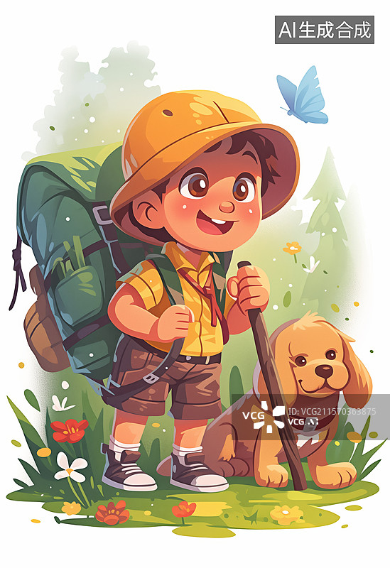 【AI数字艺术】小探险家与狗狗的森林之旅图片素材