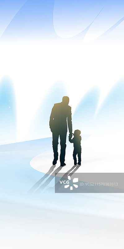 梦幻治愈系风格感恩父亲节公益宣传插画 爸爸牵着孩子的走在路上 背面视角剪影 弥散风背景 竖版图片素材