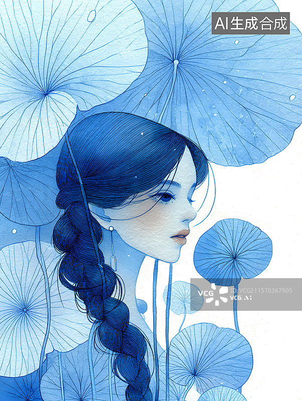 【AI数字艺术】女孩和荷叶图片素材