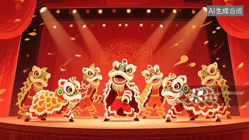【AI数字艺术】中国传统舞狮表演插画图片素材