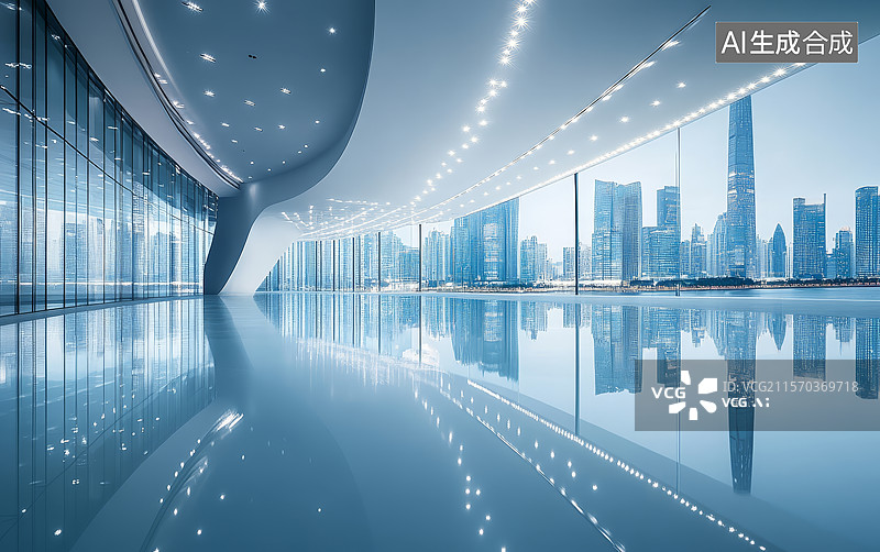 【AI数字艺术】现代建筑内部与城市天际线图片素材