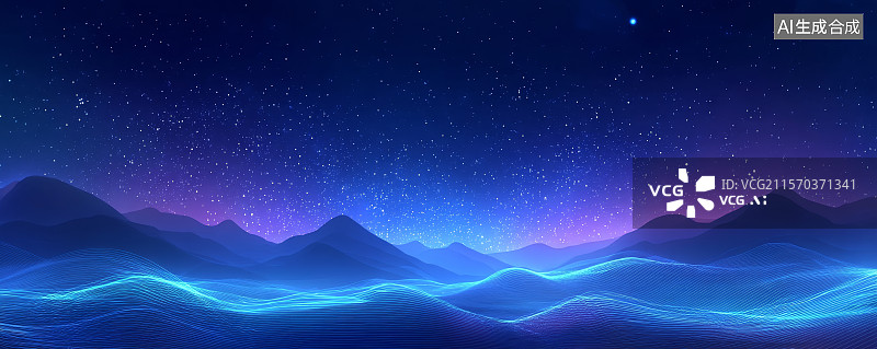 【AI数字艺术】星空下的山脉与波浪图片素材