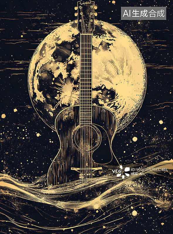 【AI数字艺术】月亮 琴 吉他图片素材