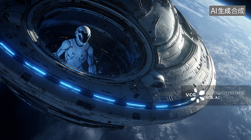 【AI数字艺术】宇航员凝视太空站星球背景的未来场景图片素材
