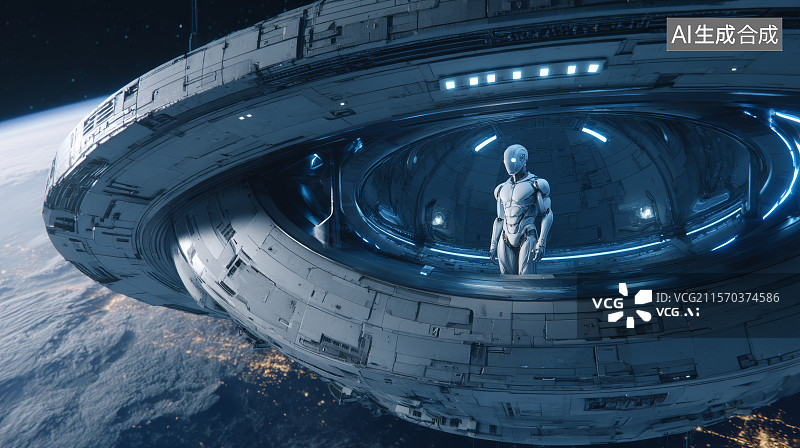 【AI数字艺术】宇航员凝视太空站星球背景的未来场景图片素材