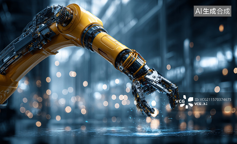 【AI数字艺术】黄色机械臂在工业场景中进行焊接作业图片素材