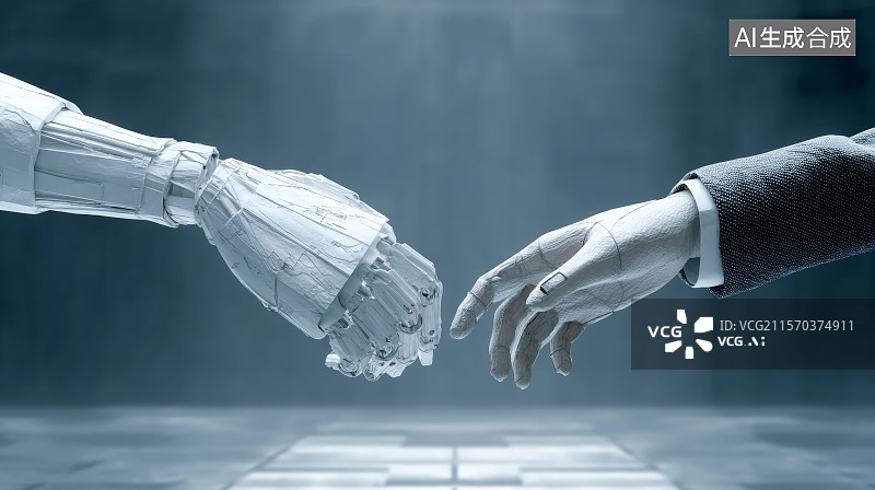 【AI数字艺术】人类与机器人手指即将接触的科技想象画面图片素材