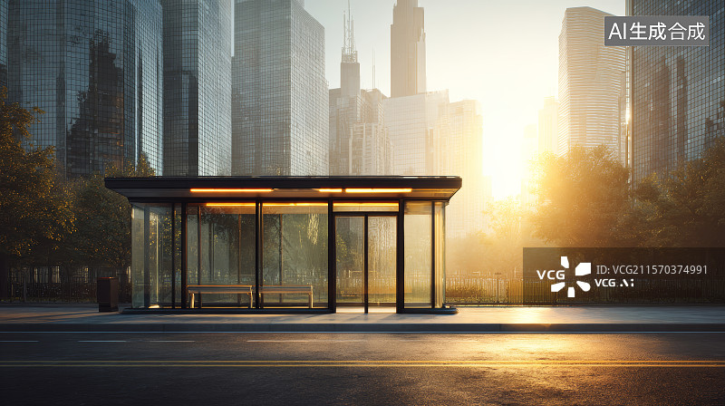 【AI数字艺术】城市街区夕阳下的现代公交站亭图片素材