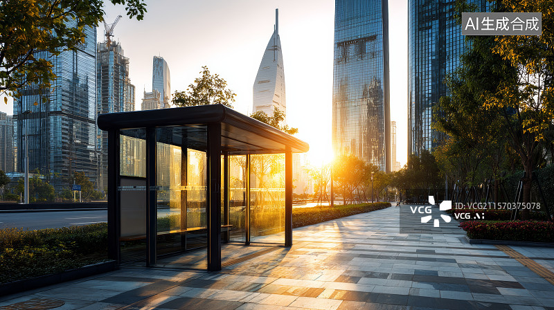 【AI数字艺术】城市街区夕阳下的现代公交站亭图片素材