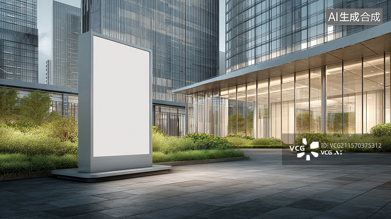 【AI数字艺术】：现代商务区中的数字广告牌广场图片素材