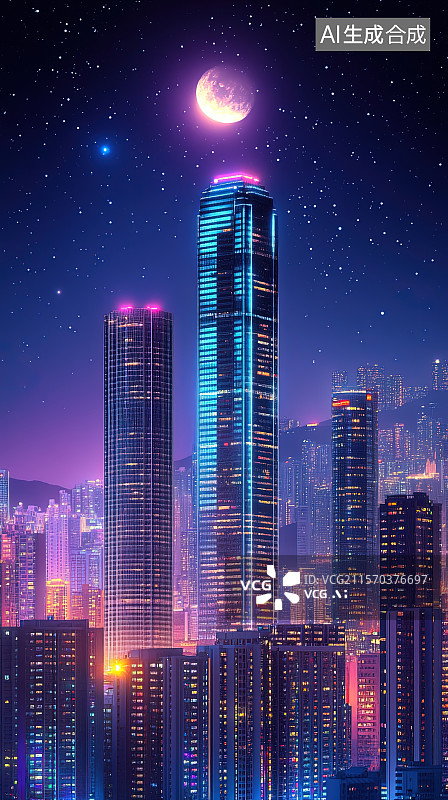 【AI数字艺术】国庆节海报月光下的城市高楼大厦多彩夜景图片素材