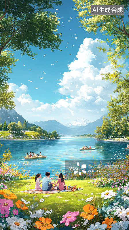 【AI数字艺术】国庆节海报公园里鲜花绽放一家人围坐在草地上野餐图片素材