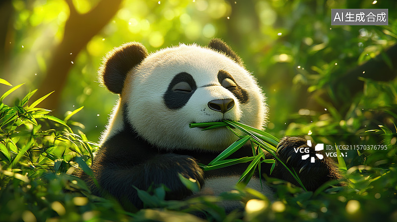 【AI数字艺术】世界动物日插画阳光洒在动物园的草地上熊猫悠闲地吃着竹子图片素材