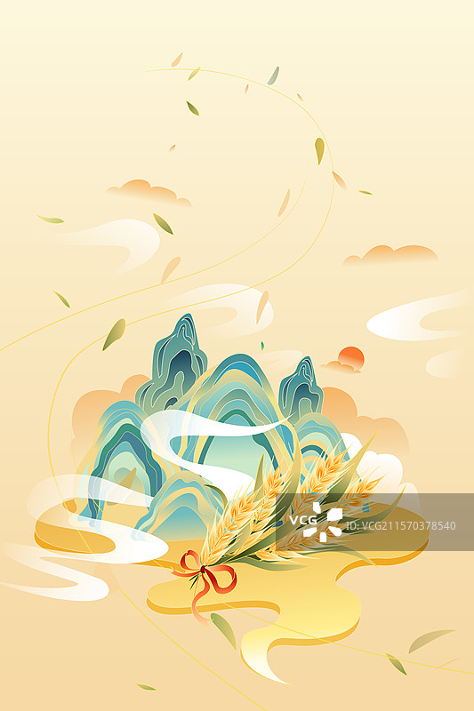 卡通芒种节气夏季夏天小满耕种丰收农民农耕稻草人水稻麦穗小麦谷物自然风景郊游出游渐变中国风国潮矢量插画图片素材