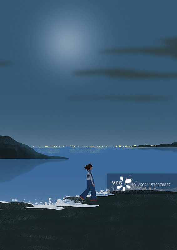 深夜夜晚晚上湖边海边海上大海海面夜空月晕一个人孤寂孤独散步漫步海浪插画图片素材