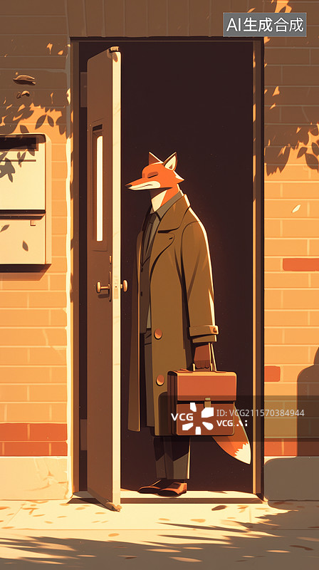 【AI数字艺术】站在门口身穿风衣提着公文包的狐狸先生图片素材