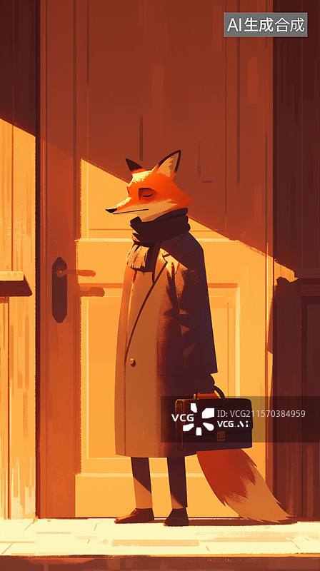 【AI数字艺术】站在门口身穿风衣提着公文包的狐狸先生图片素材