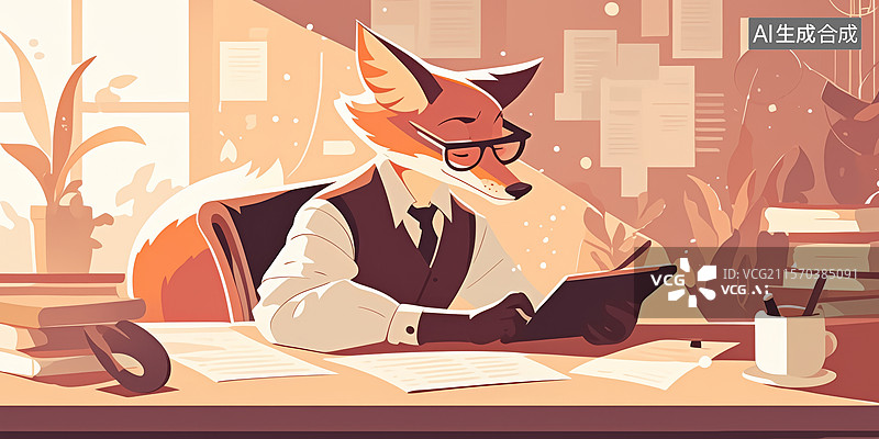 【AI数字艺术】身穿西装认真工作的狐狸先生图片素材