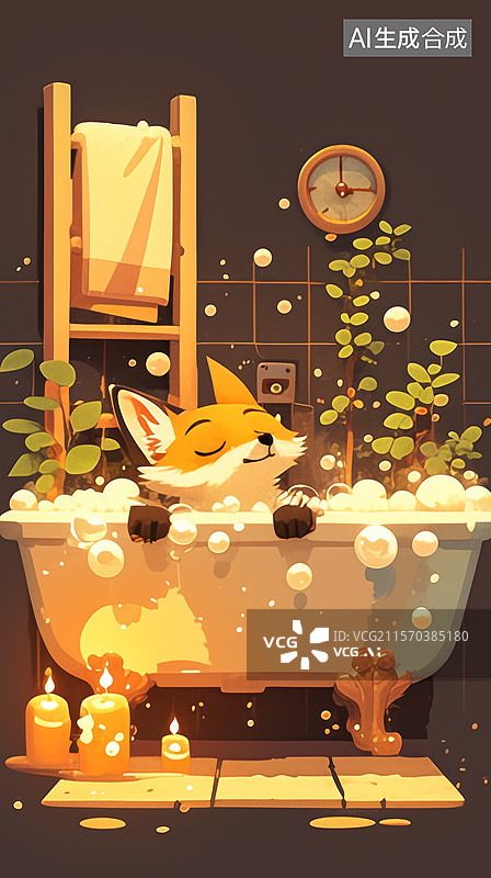 【AI数字艺术】在浴室浴缸里享受泡泡浴的小狐狸图片素材