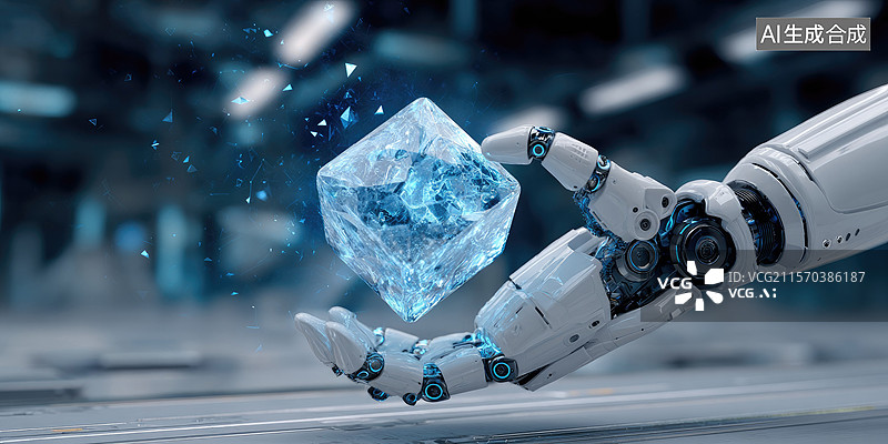 【AI数字艺术】工业制造空间科技新质生产力工业4.0机械臂持有拿着AI驱动透明立方体与电路芯片实验室环境制造商业化图片素材