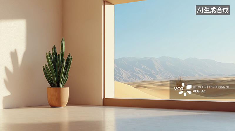 【AI数字艺术】窗边仙人掌与沙漠风光图片素材