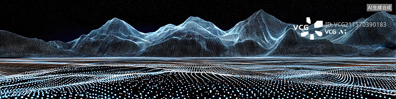【AI数字艺术】抽象蓝色互联网商业科技背景动态数字景观蓝色LED灯组成起伏丘陵6G网络广告流动科技自然模拟图片素材