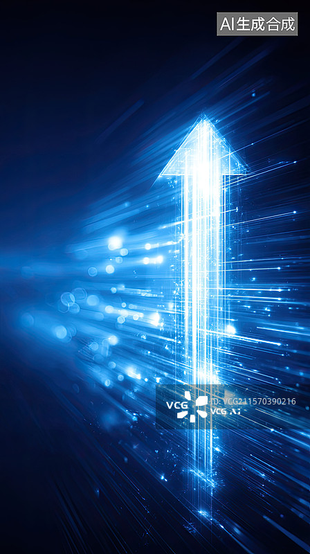 【AI数字艺术】未来派蓝色抽象背景发光箭头形光线动态6G网络概念科技经济增长金融深蓝画布上全息效果渐变紫色阴影三角形图片素材
