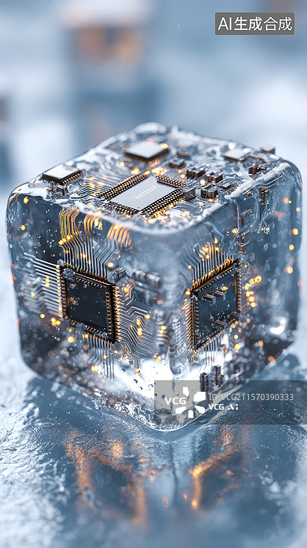 【AI数字艺术】创新6G芯片技术冻结在半透明冰块中冷凝技术中数据块的未来派3D工业商业金融互联网背景图片素材