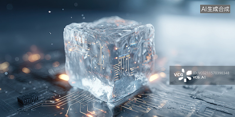 【AI数字艺术】创新6G芯片技术冻结在半透明冰块中冷凝技术中数据块的未来派3D工业商业金融互联网背景图片素材