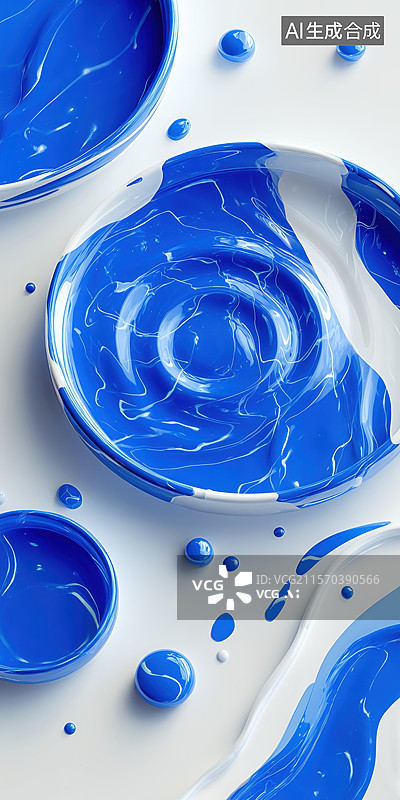 【AI数字艺术】白色桌面流淌的蓝色晶莹透明液体3D立体背景插画图片素材