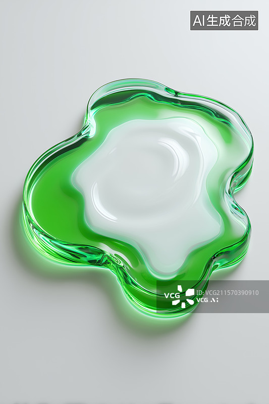 【AI数字艺术】白色桌面流淌的绿色晶莹透明液体3D立体背景插画图片素材
