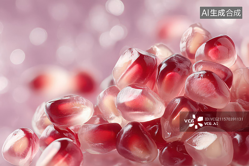 【AI数字艺术】晶莹红石榴籽与梦幻光斑美食特写图片素材