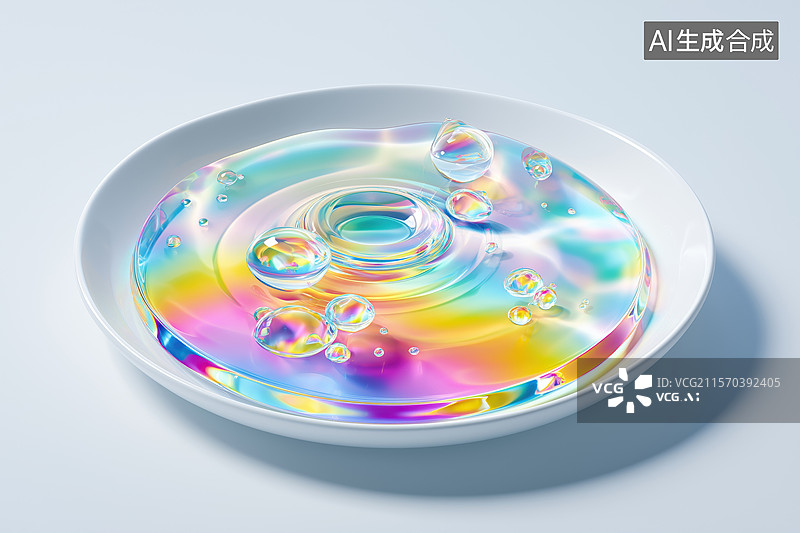 【AI数字艺术】白色桌面流淌的珠光色晶莹透明液体3D立体背景插画图片素材