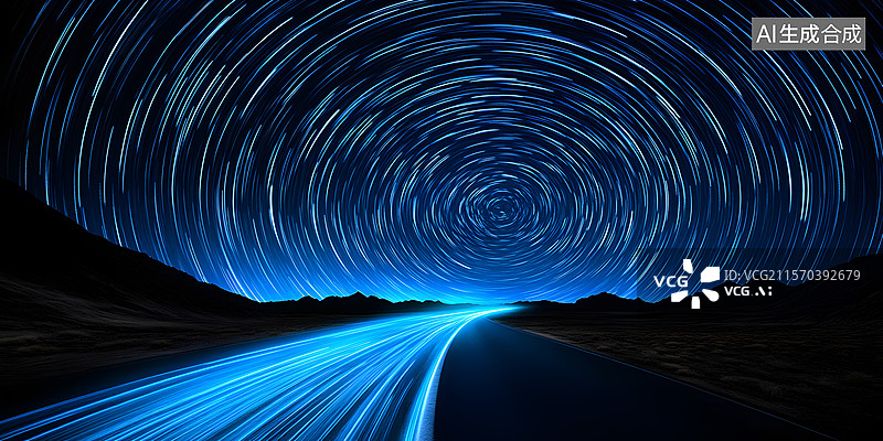 【AI数字艺术】星轨夜空下的公路图片素材