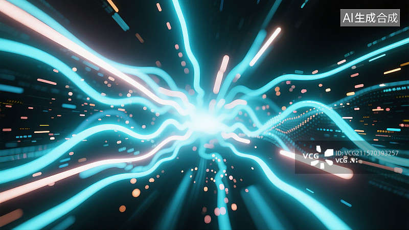 【AI数字艺术】发光线条数据波纹能量漩涡射线汇聚中心聚焦光线粒子光带科技背景图片素材