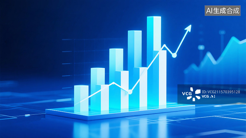 【AI数字艺术】冷光科技图表蓝白配色的立体柱状图与折线图数据可视化与科技感结合图片素材