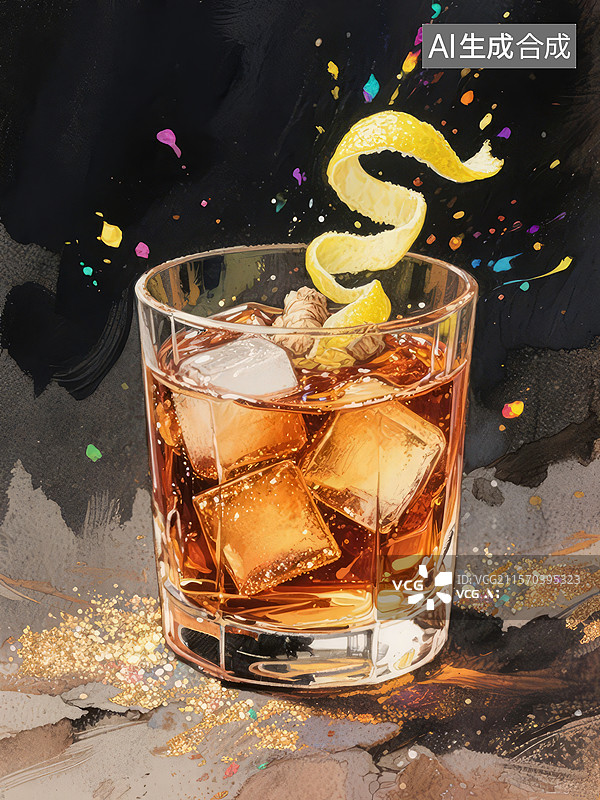 【AI数字艺术】威士忌加冰与柠檬皮图片素材
