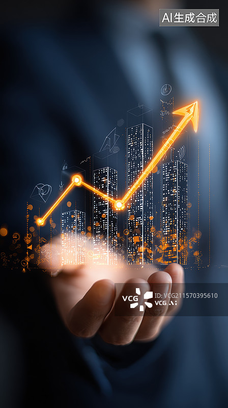 【AI数字艺术】手握上升箭头与城市天际线图片素材