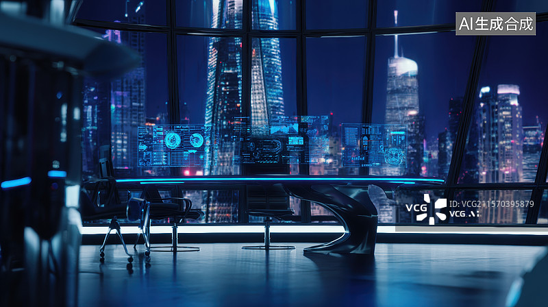 【AI数字艺术】未来科技办公室夜景图片素材