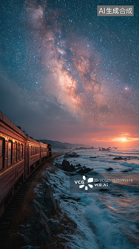 【AI数字艺术】星空下的海岸列车图片素材