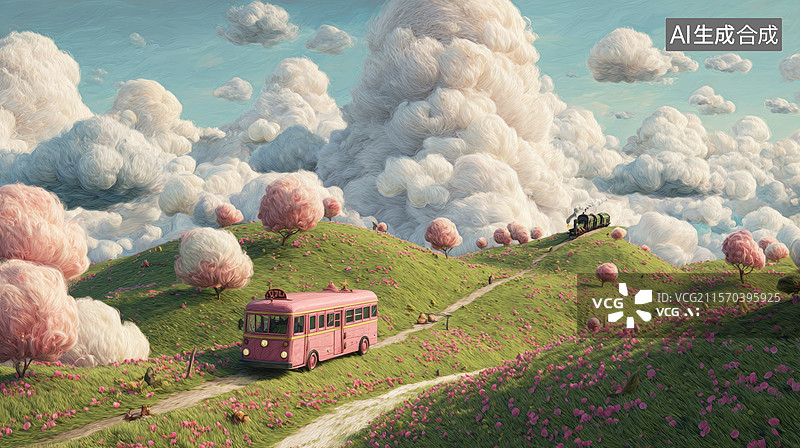 【AI数字艺术】粉色巴士在梦幻云海中的乡村小路图片素材